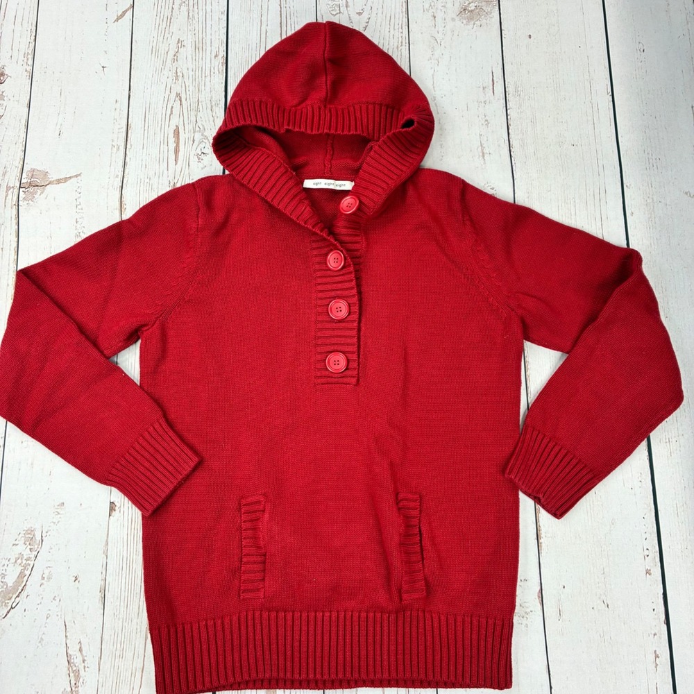 Eight Eight Eight Womens Red Knit Hoodie Sweater Henley Button Front Cotton M
